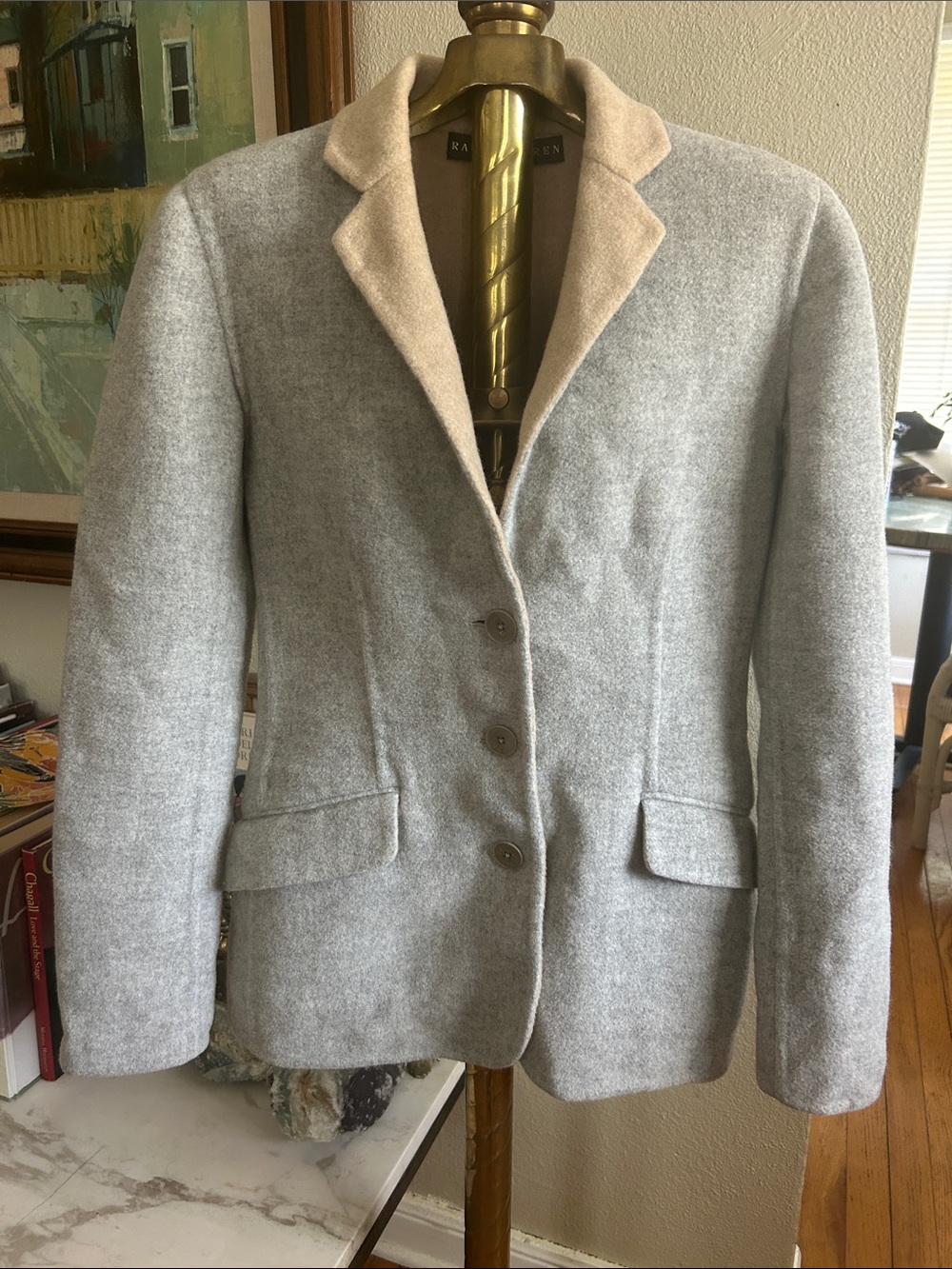 Ralph Lauren Light Gray Cashmere Blend Blazer with Light Tan Contrast Collar